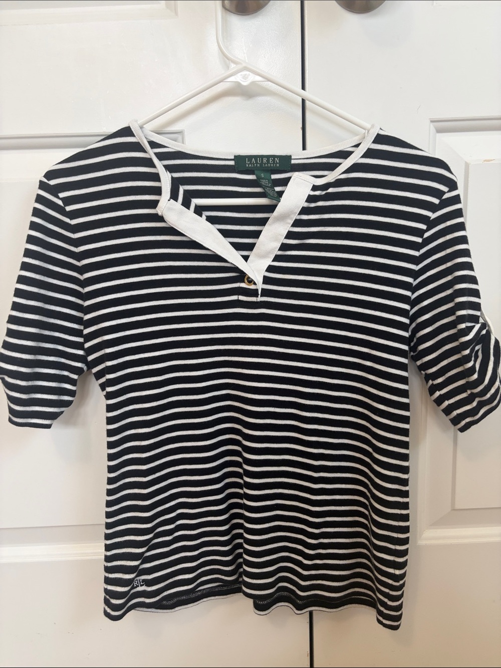 Lauren Ralph Lauren Black and White Striped Short Sleeve Knit Top